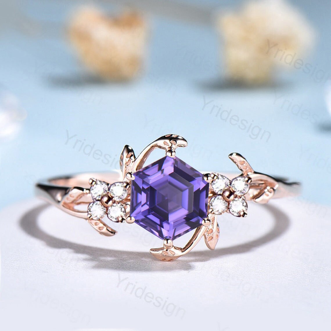 Hexagon Cut Lab Purple Sapphire Ring - Nature Inspired Leaf Vine Band - PENFINE