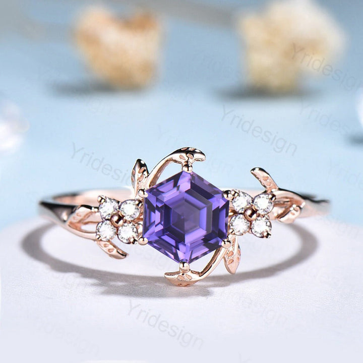 Hexagon Cut Lab Purple Sapphire Ring - Nature Inspired Leaf Vine Band - PENFINE