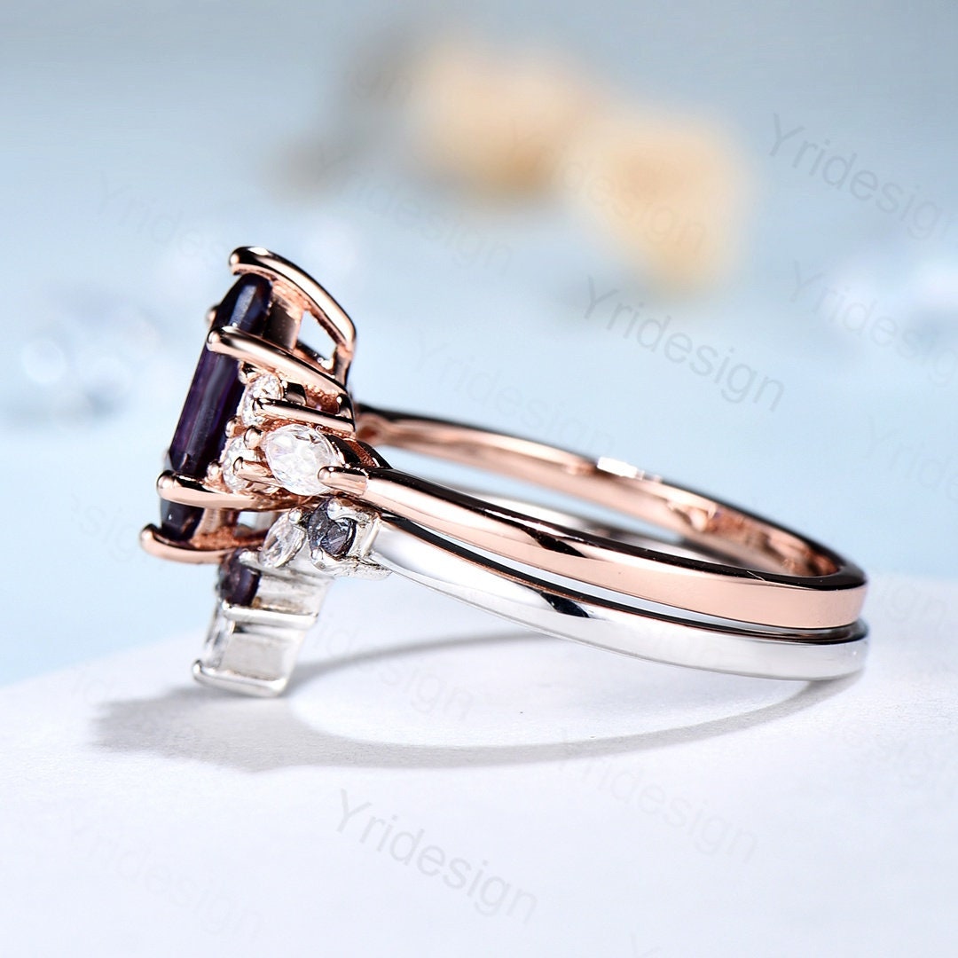 Vintage Hexagon Alexandrite Ring Set, Kite Accent, Rose Gold Anniversary - PENFINE