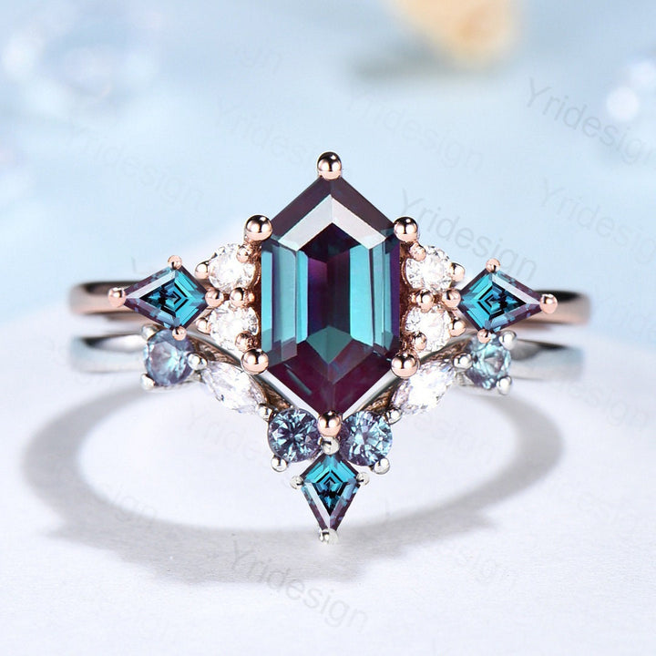 Vintage Hexagon Alexandrite Ring Set, Kite Accent, Rose Gold Anniversary - PENFINE