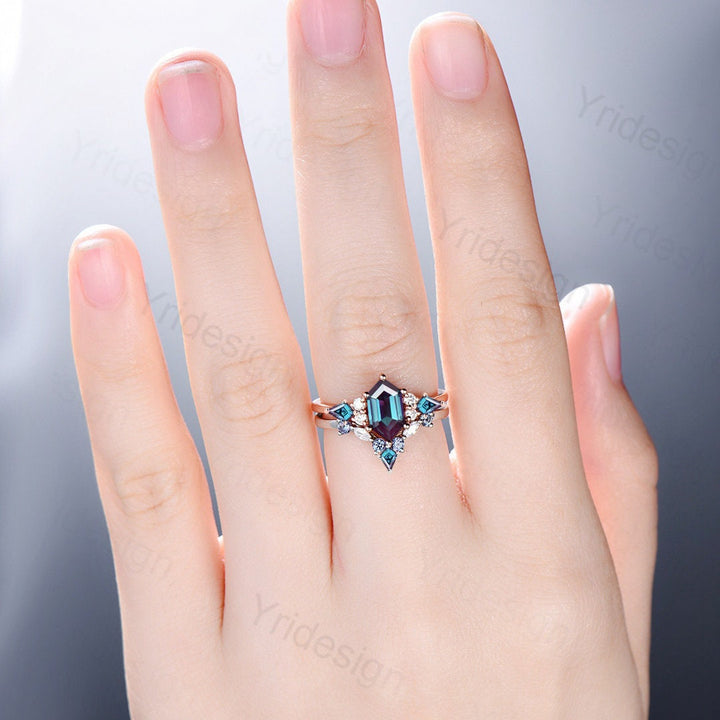 Vintage Hexagon Alexandrite Ring Set, Kite Accent, Rose Gold Anniversary - PENFINE