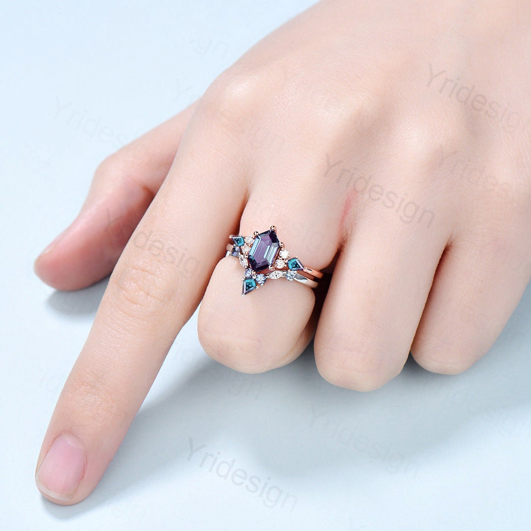 Vintage Hexagon Alexandrite Ring Set, Kite Accent, Rose Gold Anniversary - PENFINE
