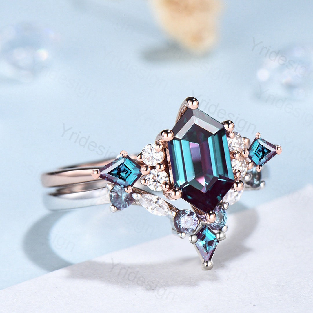 Vintage Hexagon Alexandrite Ring Set, Kite Accent, Rose Gold Anniversary - PENFINE