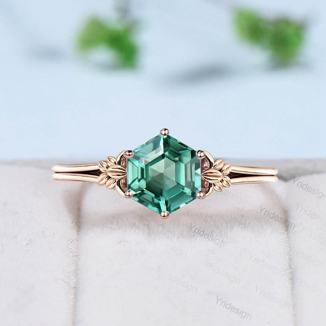 Art Deco Leaf Green Sapphire Ring Set, Emerald Moissanite Wedding - PENFINE