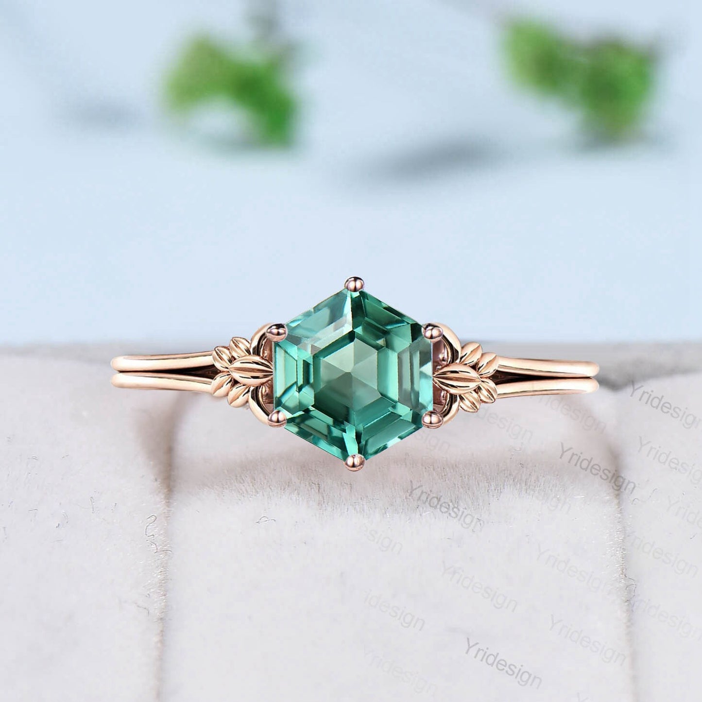 Art Deco Leaf Green Sapphire Ring Set, Emerald Moissanite Wedding - PENFINE