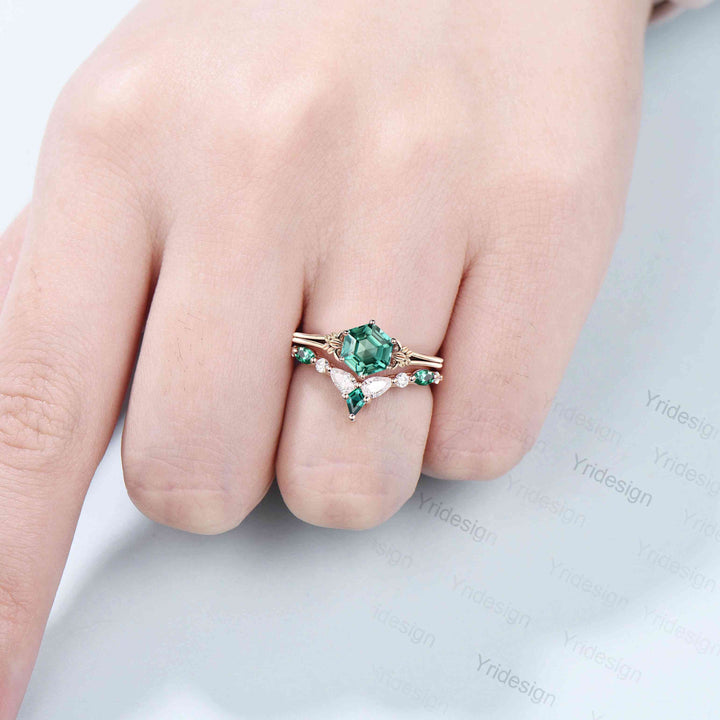 Art Deco Leaf Green Sapphire Ring Set, Emerald Moissanite Wedding - PENFINE