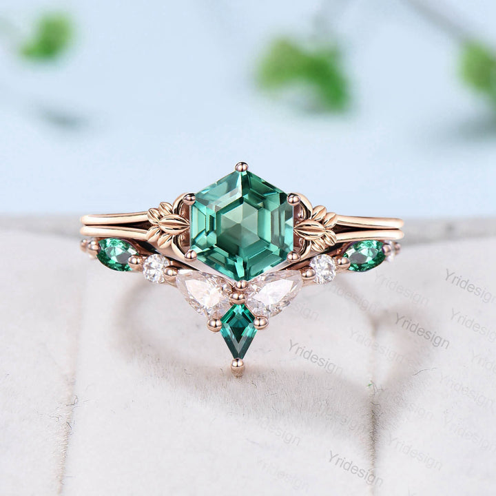 Art Deco Leaf Green Sapphire Ring Set, Emerald Moissanite Wedding - PENFINE