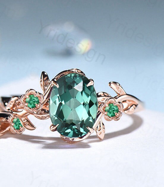 Floral Green Sapphire Ring Set, Vintage Twig Leaf Engagement Ring - PENFINE