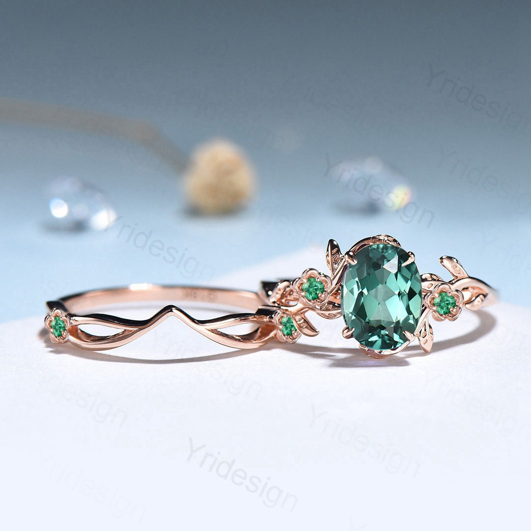 Floral Green Sapphire Ring Set, Vintage Twig Leaf Engagement Ring - PENFINE