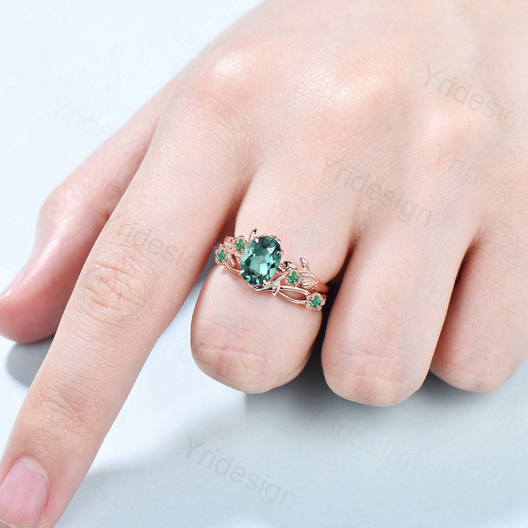 Floral Green Sapphire Ring Set, Vintage Twig Leaf Engagement Ring - PENFINE