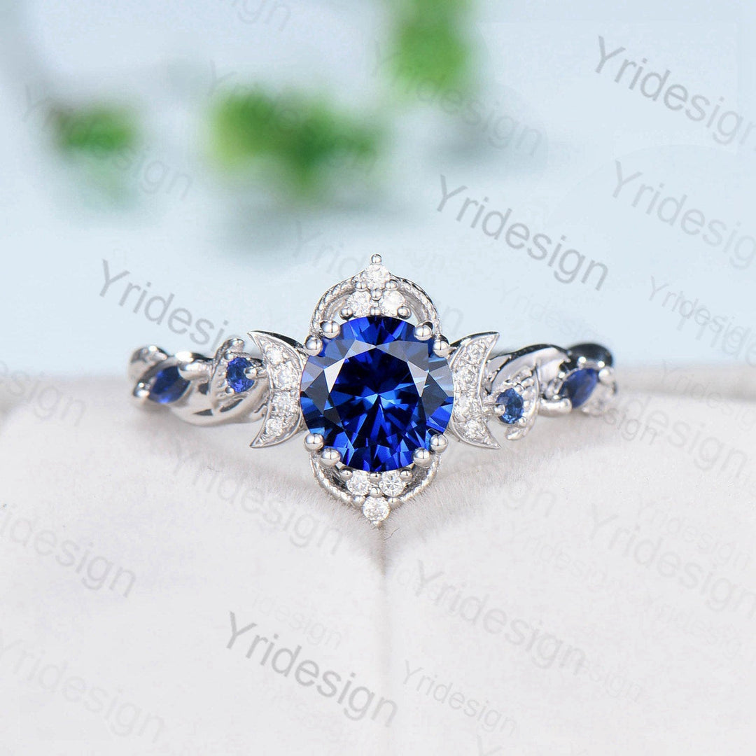 Crescent Moon Blue Sapphire Engagement Ring Set Unique Nature Inspired Wedding Ring Art Deco Open Gap Sapphire Bridal Ring Set for Women - PENFINE