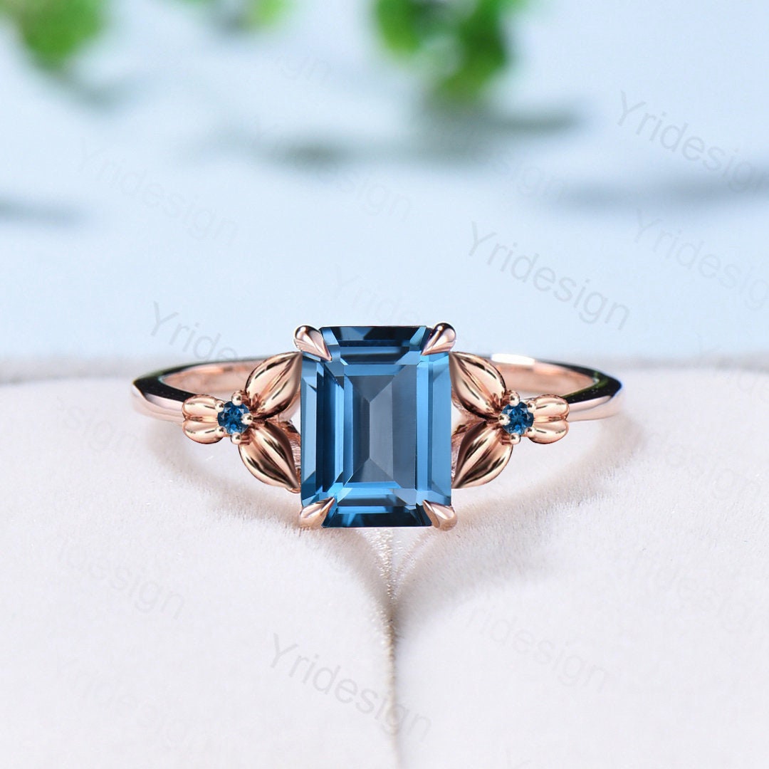 Vintage Emerald Cut London Blue Topaz Ring Unique Nature Inspired Engagement Ring Leaves Flower wedding Band Ring For Women Anniversary Gift - PENFINE