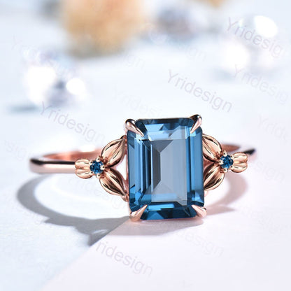 Vintage Emerald Cut London Blue Topaz Ring Unique Nature Inspired Engagement Ring Leaves Flower wedding Band Ring For Women Anniversary Gift - PENFINE