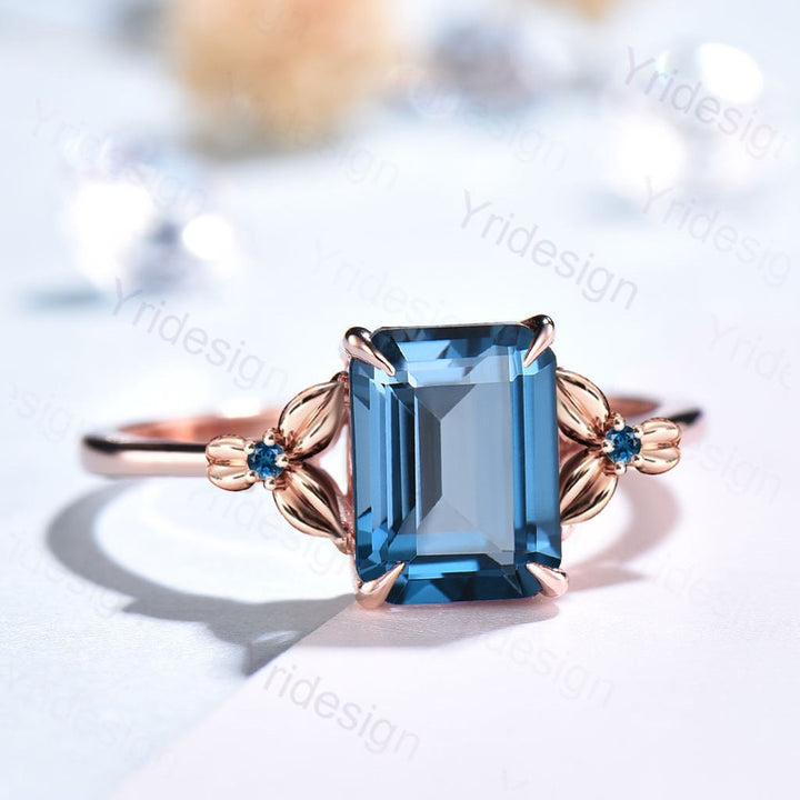 Vintage Emerald Cut London Blue Topaz Ring Unique Nature Inspired Engagement Ring Leaves Flower wedding Band Ring For Women Anniversary Gift - PENFINE