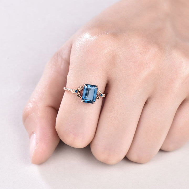 Vintage Emerald Cut London Blue Topaz Ring Unique Nature Inspired Engagement Ring Leaves Flower wedding Band Ring For Women Anniversary Gift - PENFINE