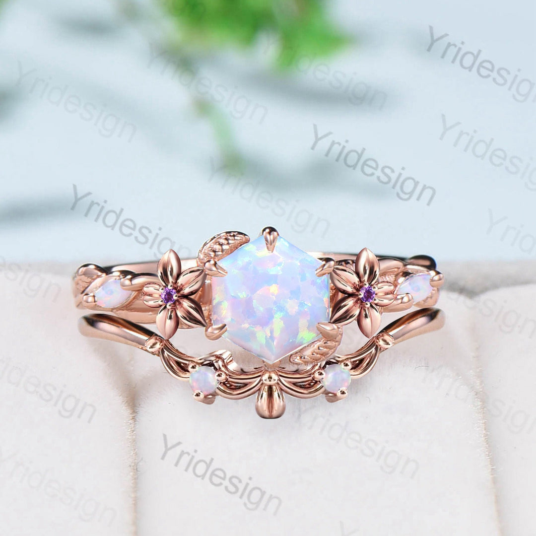 Flower white opal engagement ring set Nature Inspired hexagon fire opal amethyst wedding ring for women vintage cluster leaf bridal set - PENFINE