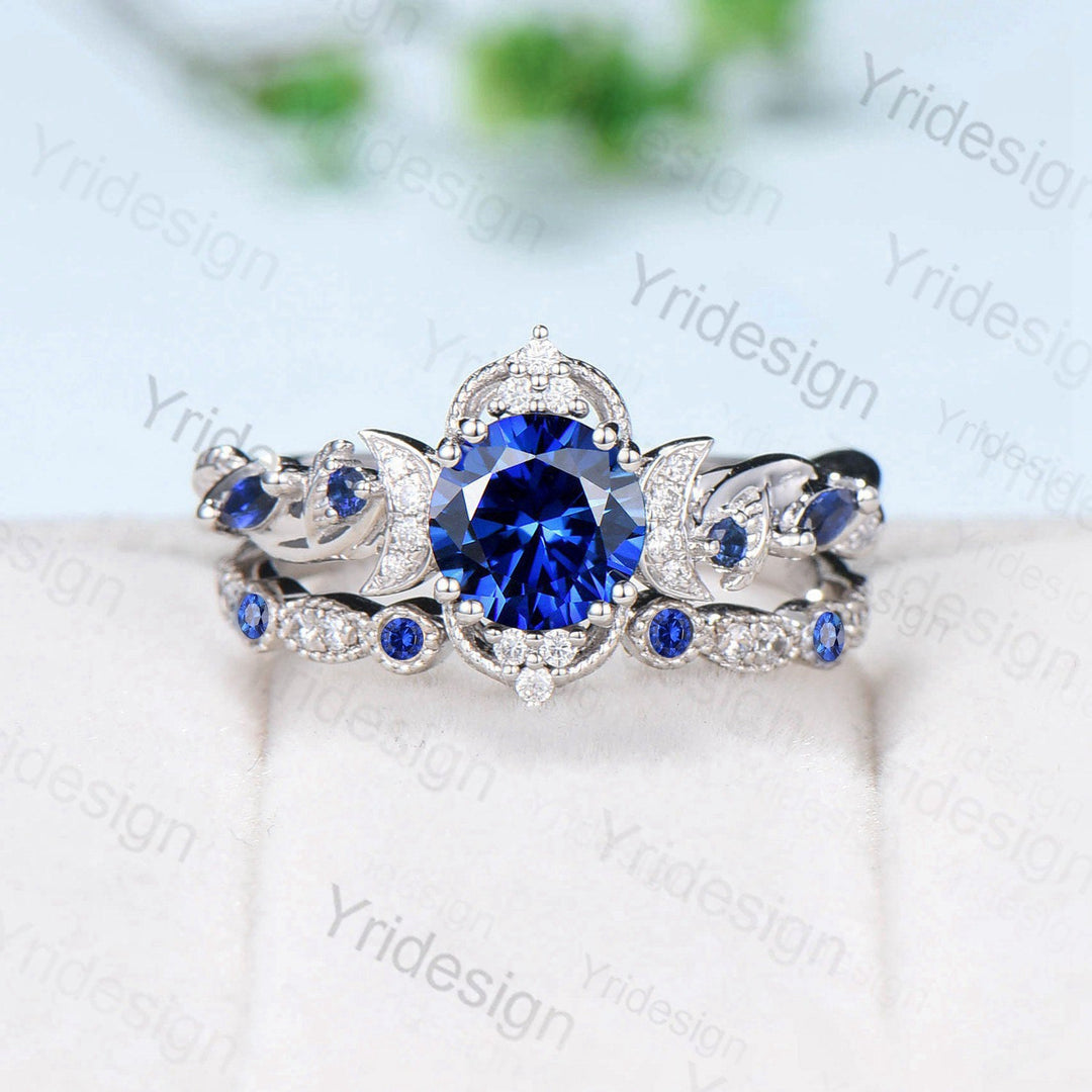 Crescent Moon Blue Sapphire Engagement Ring Set Unique Nature Inspired Wedding Ring Art Deco Open Gap Sapphire Bridal Ring Set for Women - PENFINE