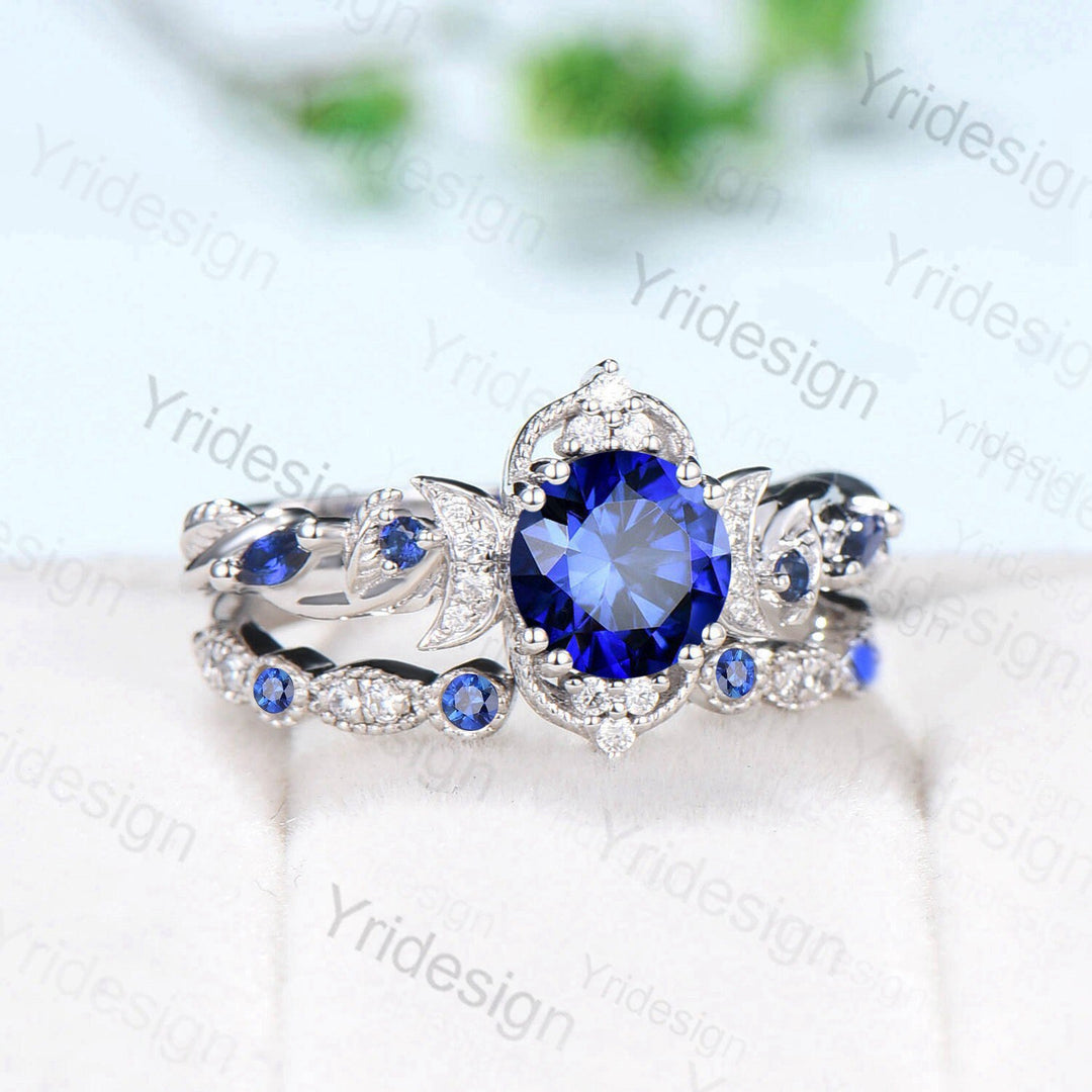 Crescent Moon Blue Sapphire Engagement Ring Set Unique Nature Inspired Wedding Ring Art Deco Open Gap Sapphire Bridal Ring Set for Women - PENFINE