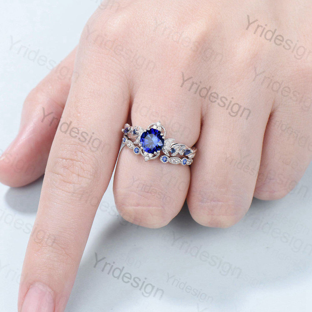 Crescent Moon Blue Sapphire Engagement Ring Set Unique Nature Inspired Wedding Ring Art Deco Open Gap Sapphire Bridal Ring Set for Women - PENFINE