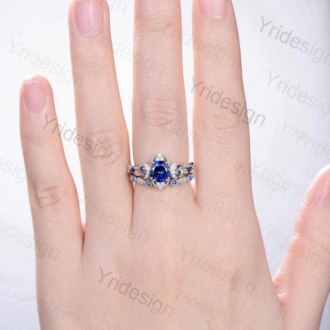 Crescent Moon Blue Sapphire Engagement Ring Set Unique Nature Inspired Wedding Ring Art Deco Open Gap Sapphire Bridal Ring Set for Women - PENFINE