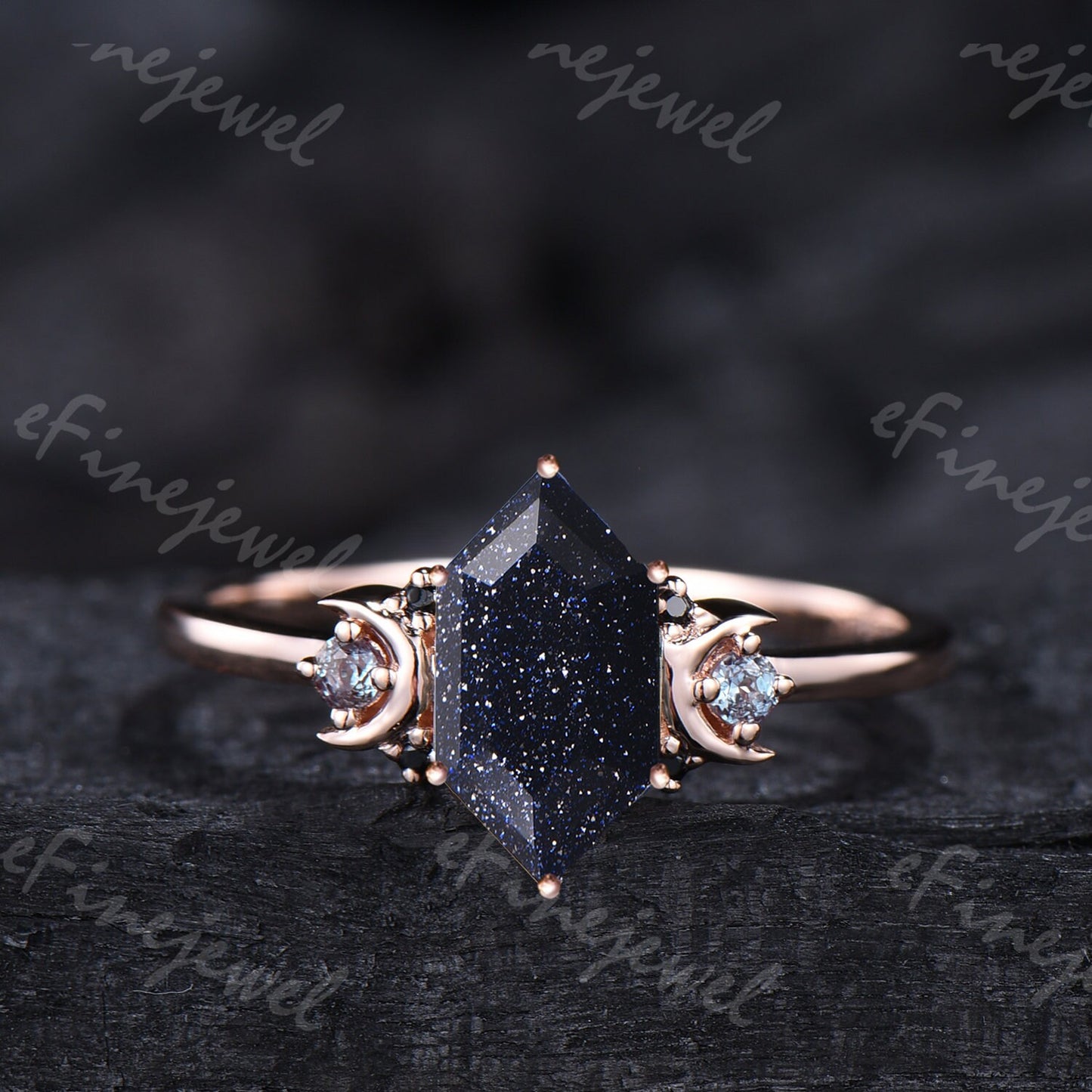 Hexagon Blue Sandstone Ring, Crescent Moon Goldstone, Black Spinel - PENFINE