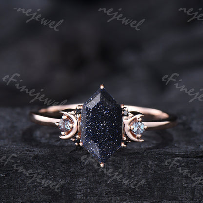 Hexagon Blue Sandstone Ring, Crescent Moon Goldstone, Black Spinel - PENFINE