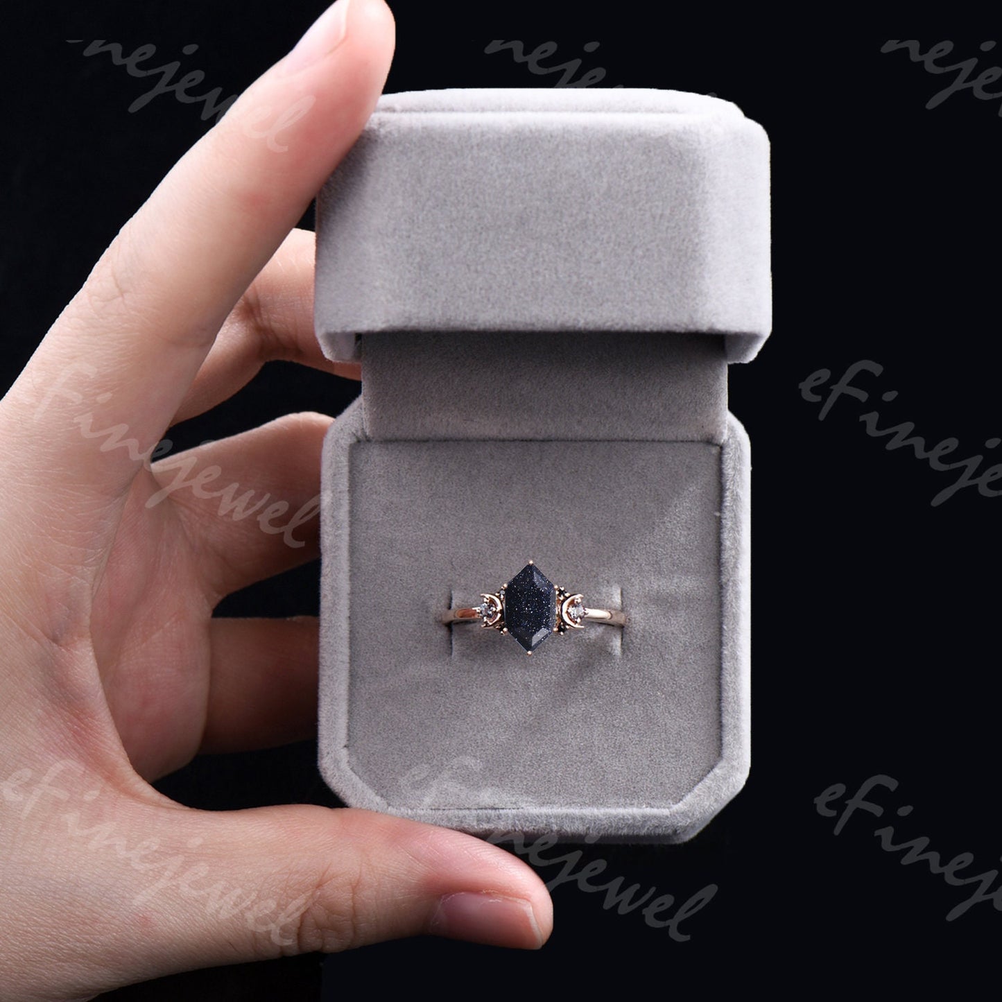 Hexagon Blue Sandstone Ring, Crescent Moon Goldstone, Black Spinel - PENFINE