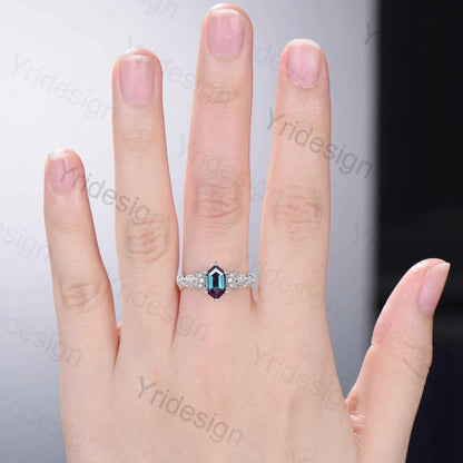 Vintage Elongated hexagon Alexandrite Ring Antique Moon Alexandrite Engagement Ring Unique Milgrain Wedding Ring for Women Proposal Gifts - PENFINE