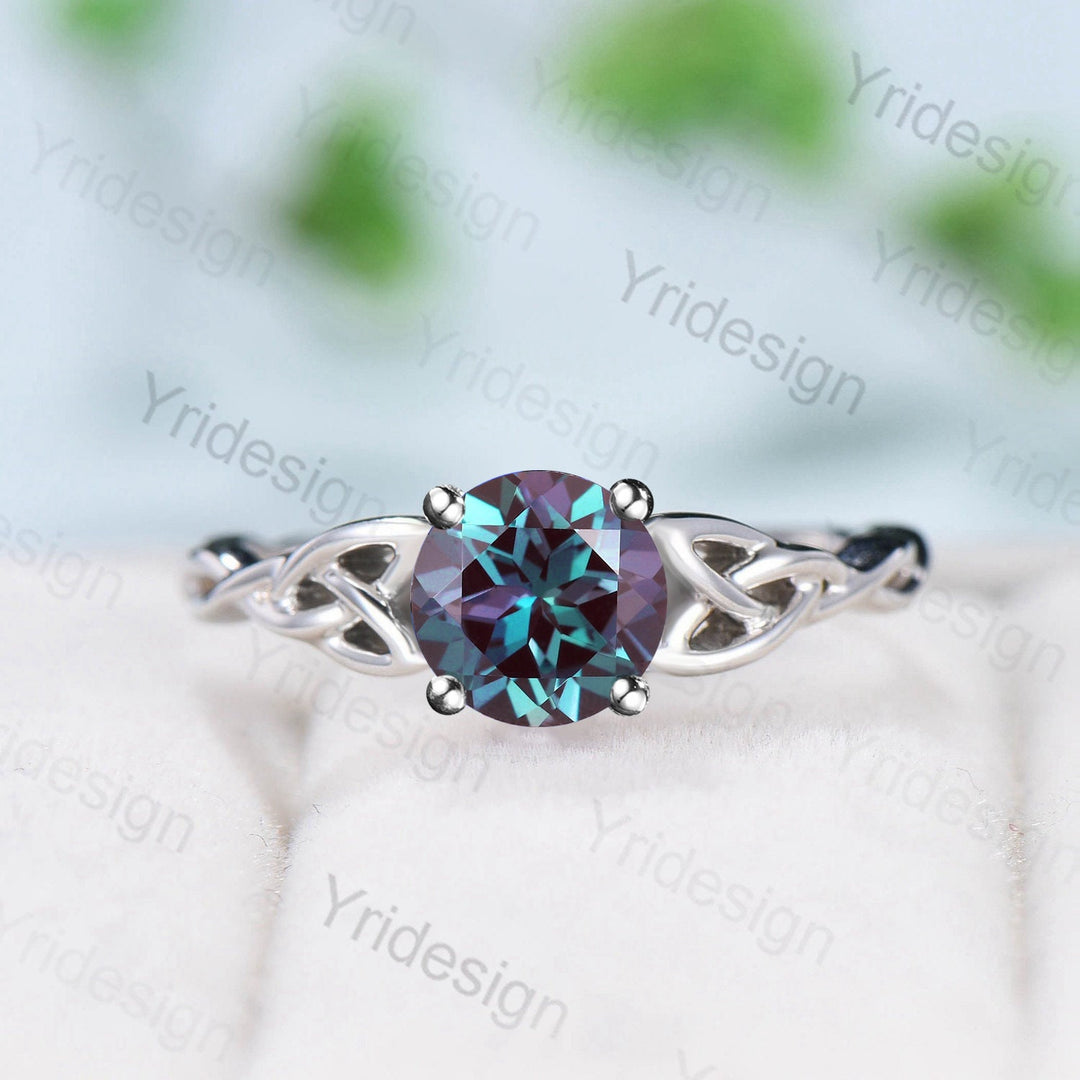 Celtic Love Knot Alexandrite Engagement Ring Silver White gold Vintage Unique Twisted Norse Viking Color Changing Wedding Ring For Women - PENFINE
