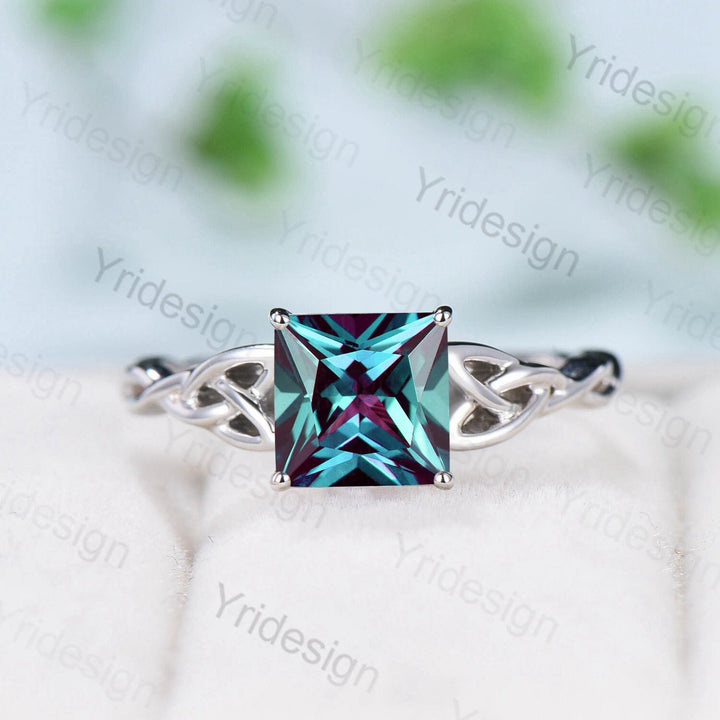 Celtic Love Knot Alexandrite Engagement Ring Silver White gold Vintage Unique Twisted Norse Viking Color Changing Wedding Ring For Women - PENFINE