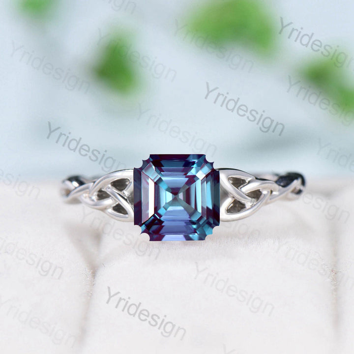 Celtic Love Knot Alexandrite Engagement Ring Silver White gold Vintage Unique Twisted Norse Viking Color Changing Wedding Ring For Women - PENFINE