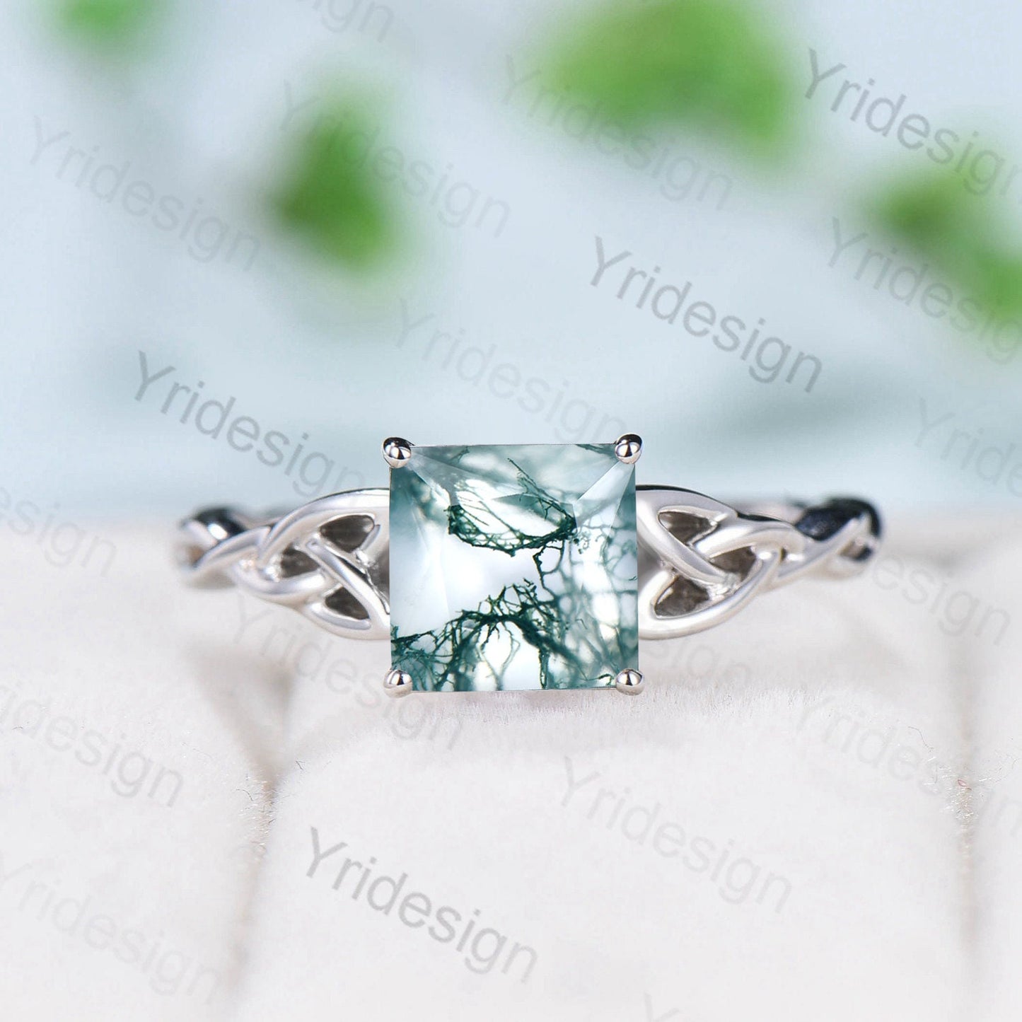 Moss Agate Ring, 925 Sterling Silver Celtic Knot, Pear Cut - PENFINE