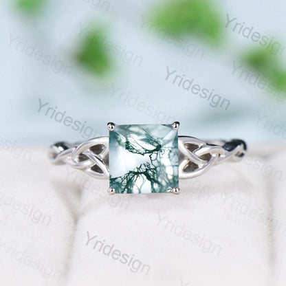 Moss Agate Ring, 925 Sterling Silver Celtic Knot, Pear Cut - PENFINE