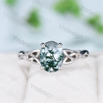 Moss Agate Ring, 925 Sterling Silver Celtic Knot, Pear Cut - PENFINE