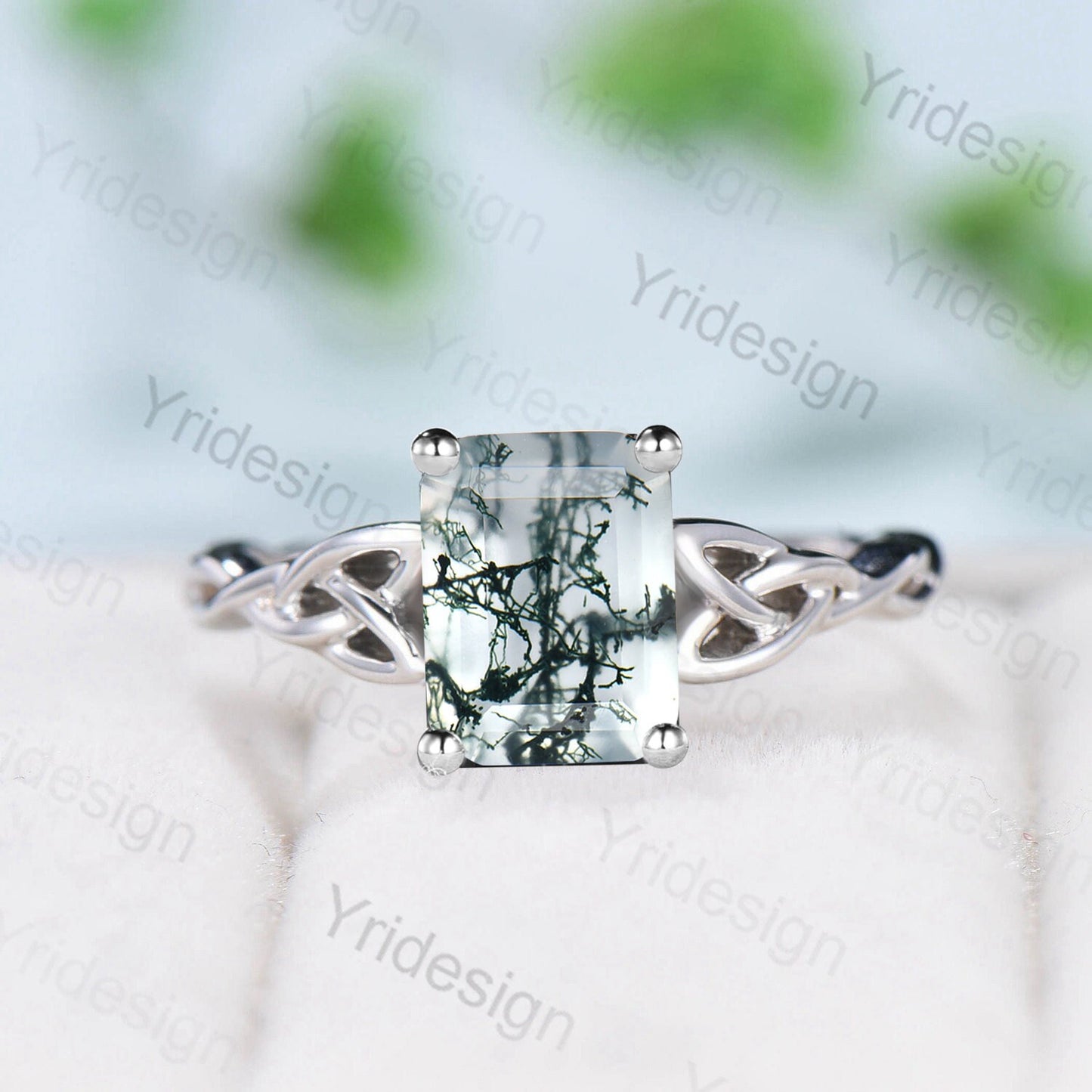Moss Agate Ring, 925 Sterling Silver Celtic Knot, Pear Cut - PENFINE