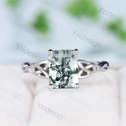 Moss Agate Ring, 925 Sterling Silver Celtic Knot, Pear Cut - PENFINE