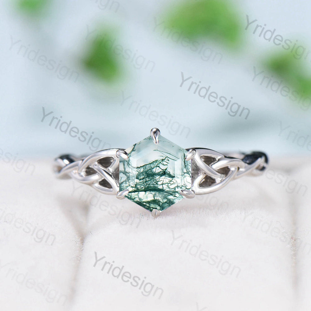 Moss Agate Ring, 925 Sterling Silver Celtic Knot, Pear Cut - PENFINE