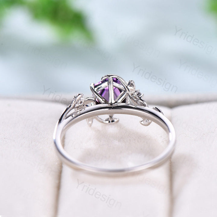 Elegant Purple Sapphire Ring Vintage Unique Twig Engagement Ring Leaf Cluster Amethyst Wedding Women Natural inspired Branch Proposal Gift - PENFINE