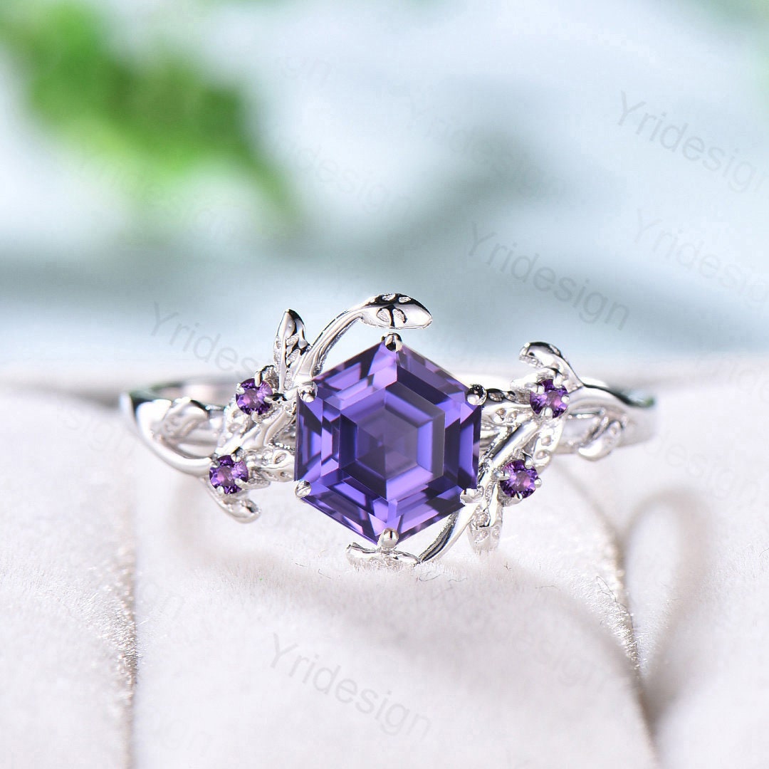 Elegant Purple Sapphire Ring Vintage Unique Twig Engagement Ring Leaf Cluster Amethyst Wedding Women Natural inspired Branch Proposal Gift - PENFINE