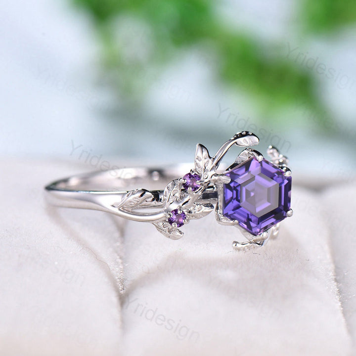 Elegant Purple Sapphire Ring Vintage Unique Twig Engagement Ring Leaf Cluster Amethyst Wedding Women Natural inspired Branch Proposal Gift - PENFINE