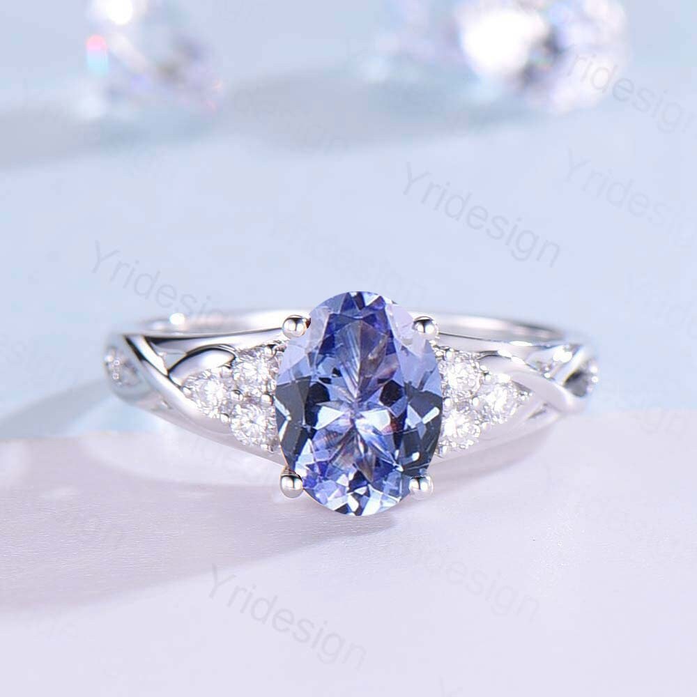 Celtic Love Natural Blue Tanzanite Engagement Ring Solid 14K/18K White Gold Vintage Cluster Diamond Wedding Ring Women Anniversary Gift - PENFINE