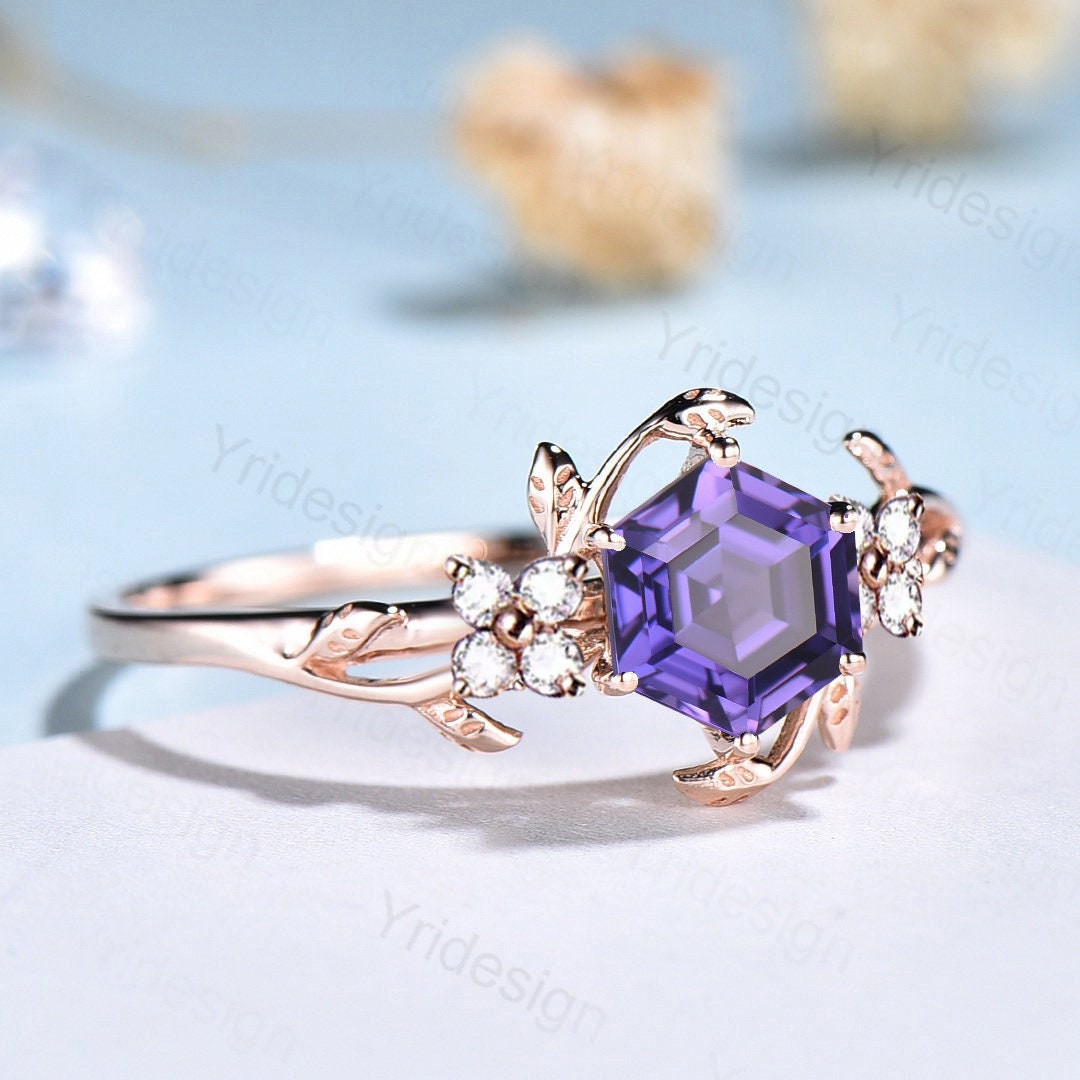 Hexagon Cut Lab Purple Sapphire Ring - Nature Inspired Leaf Vine Band - PENFINE