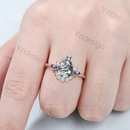 Unique Pear Shaped Moss Agate Ring Vintage  Alternative Alexandrite Opal Wedding Ring For Women Nature Inspired Cluster Leaves Promise Ring - PENFINE