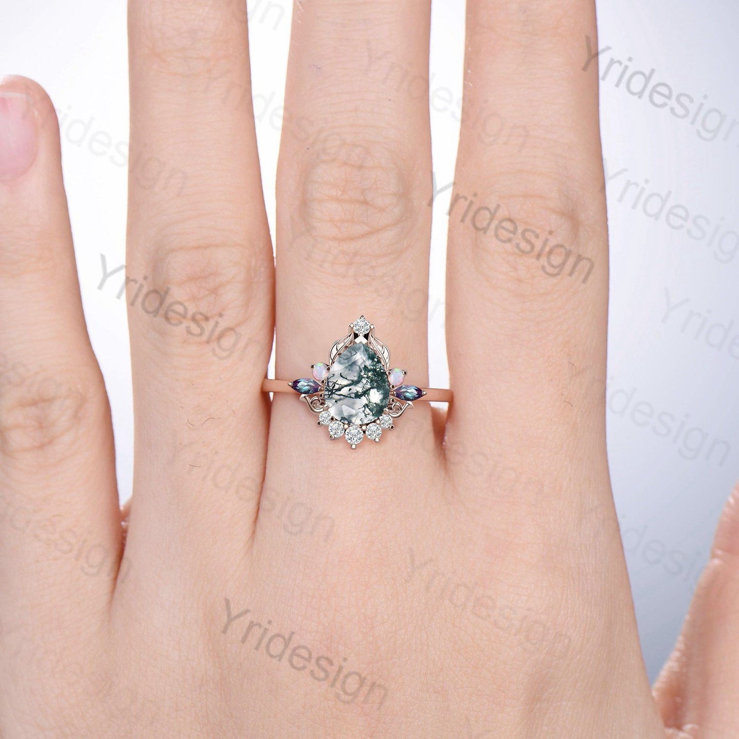 Unique Pear Shaped Moss Agate Ring Vintage  Alternative Alexandrite Opal Wedding Ring For Women Nature Inspired Cluster Leaves Promise Ring - PENFINE