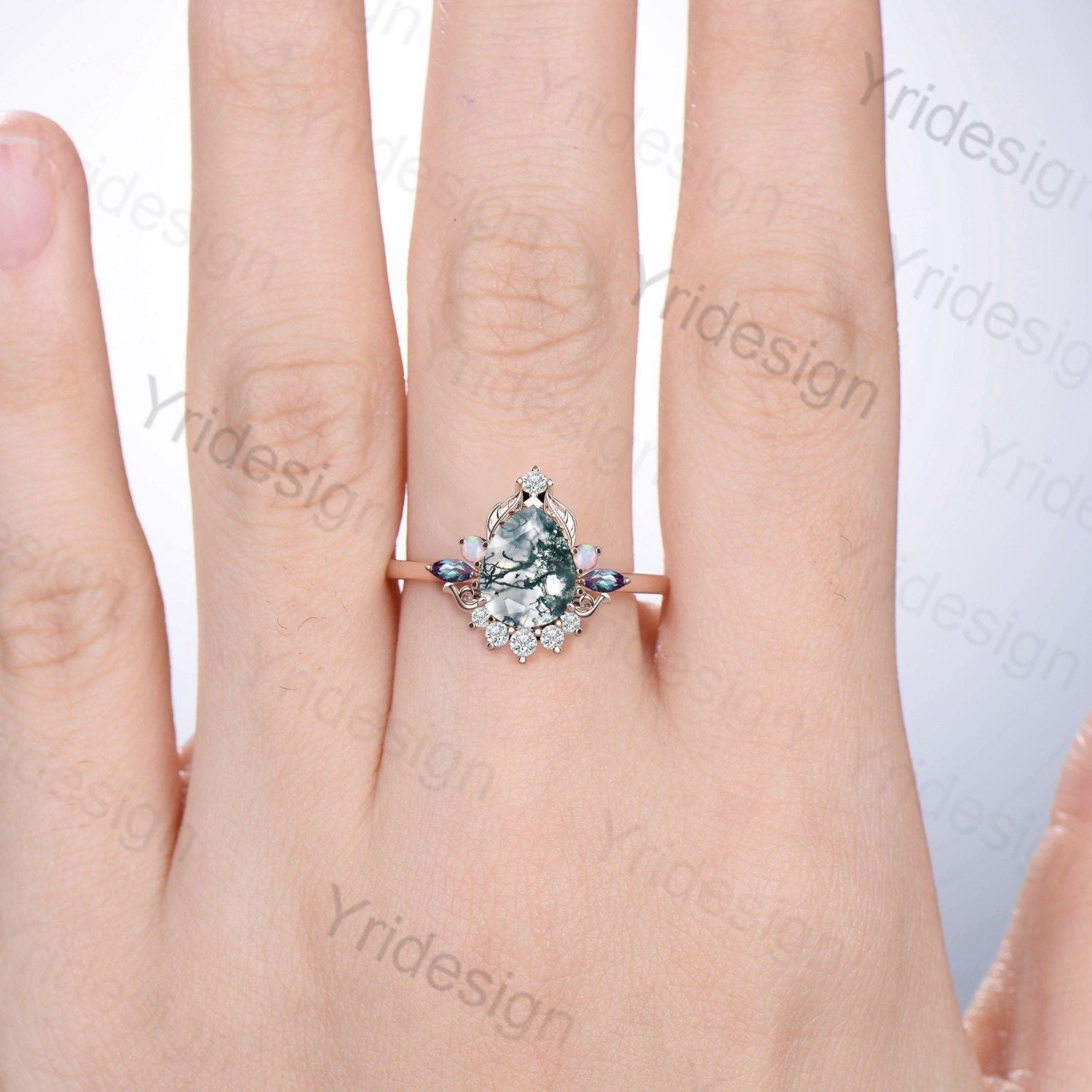 Unique Pear Shaped Moss Agate Ring Vintage  Alternative Alexandrite Opal Wedding Ring For Women Nature Inspired Cluster Leaves Promise Ring - PENFINE