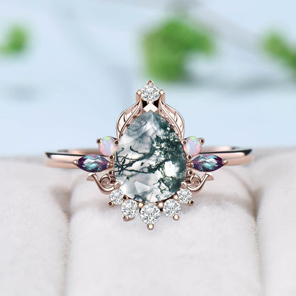 Unique Pear Shaped Moss Agate Ring Vintage  Alternative Alexandrite Opal Wedding Ring For Women Nature Inspired Cluster Leaves Promise Ring - PENFINE