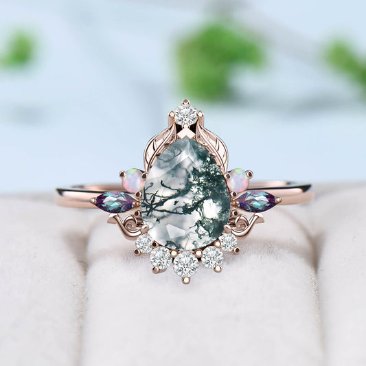 Unique Pear Shaped Moss Agate Ring Vintage  Alternative Alexandrite Opal Wedding Ring For Women Nature Inspired Cluster Leaves Promise Ring - PENFINE