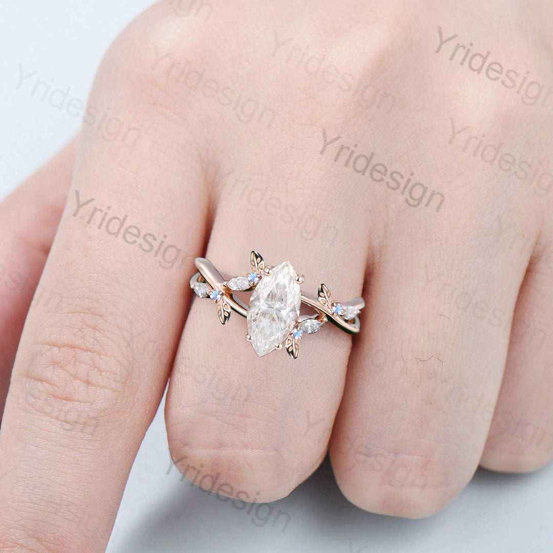 Natural Inspired Marquise Moissanite Ring Unique Leaves Branch Moissanite Engagement Ring Cluster Moonstone Split Shank Twig Wedding Ring - PENFINE