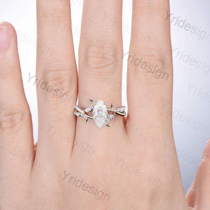 Natural Inspired Marquise Moissanite Ring Unique Leaves Branch Moissanite Engagement Ring Cluster Moonstone Split Shank Twig Wedding Ring - PENFINE