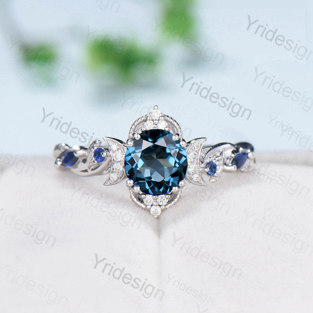 Crescent Moon London Blue Topaz Engagement Ring Set Unique Nature Inspired Wedding Ring Art Deco Open Gap Sapphire Bridal Ring Set for Women - PENFINE